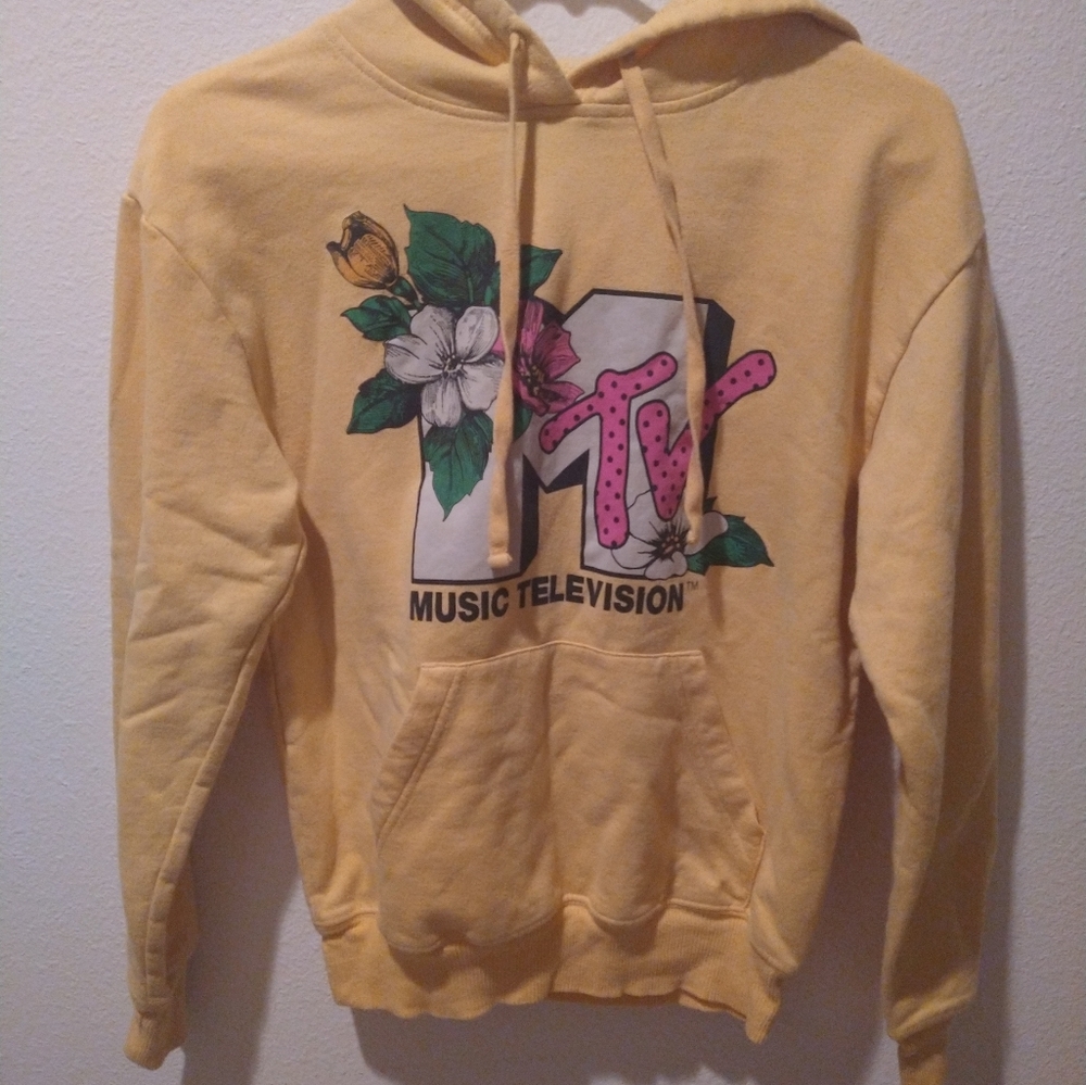 MTV Music Television Yellow Pullover Hoodie. Women's XS. 90s Style